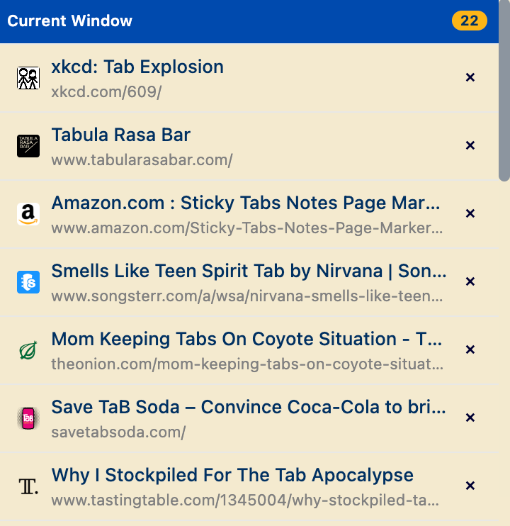 Tab list with URLs displayed