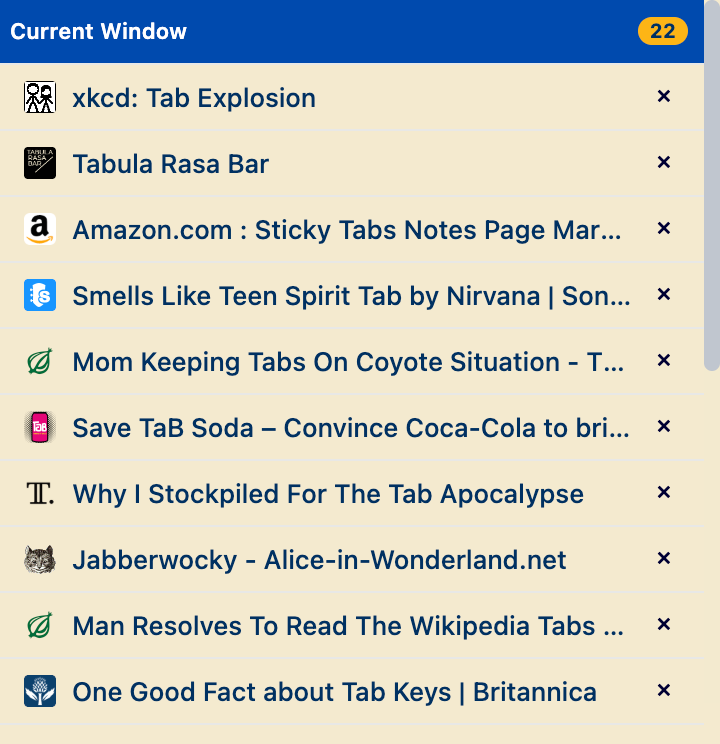 Tab list with URLs hidden