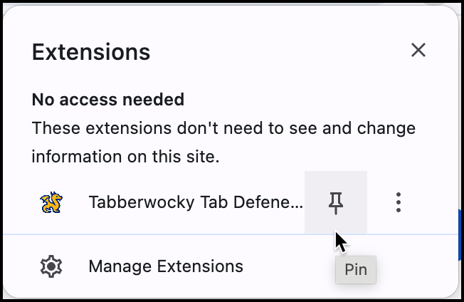 Extensions dropdown menu showing Tabberwocky with pin option